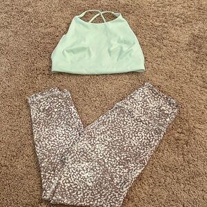 Stylish Women's Mint Green Top and Patterned Workout Set